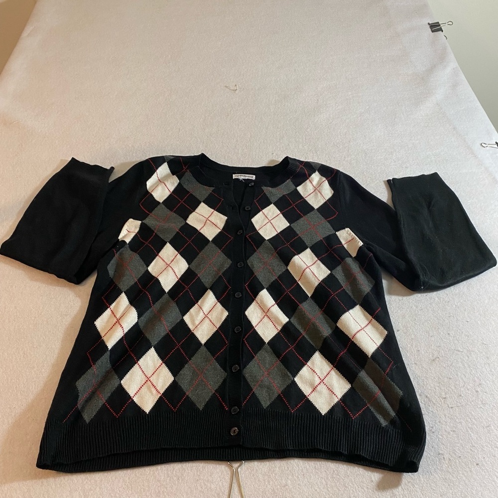 Croft&Barrow Harlequin Check Button Cardigan BlackWhite Gray 1X Long Sleeve